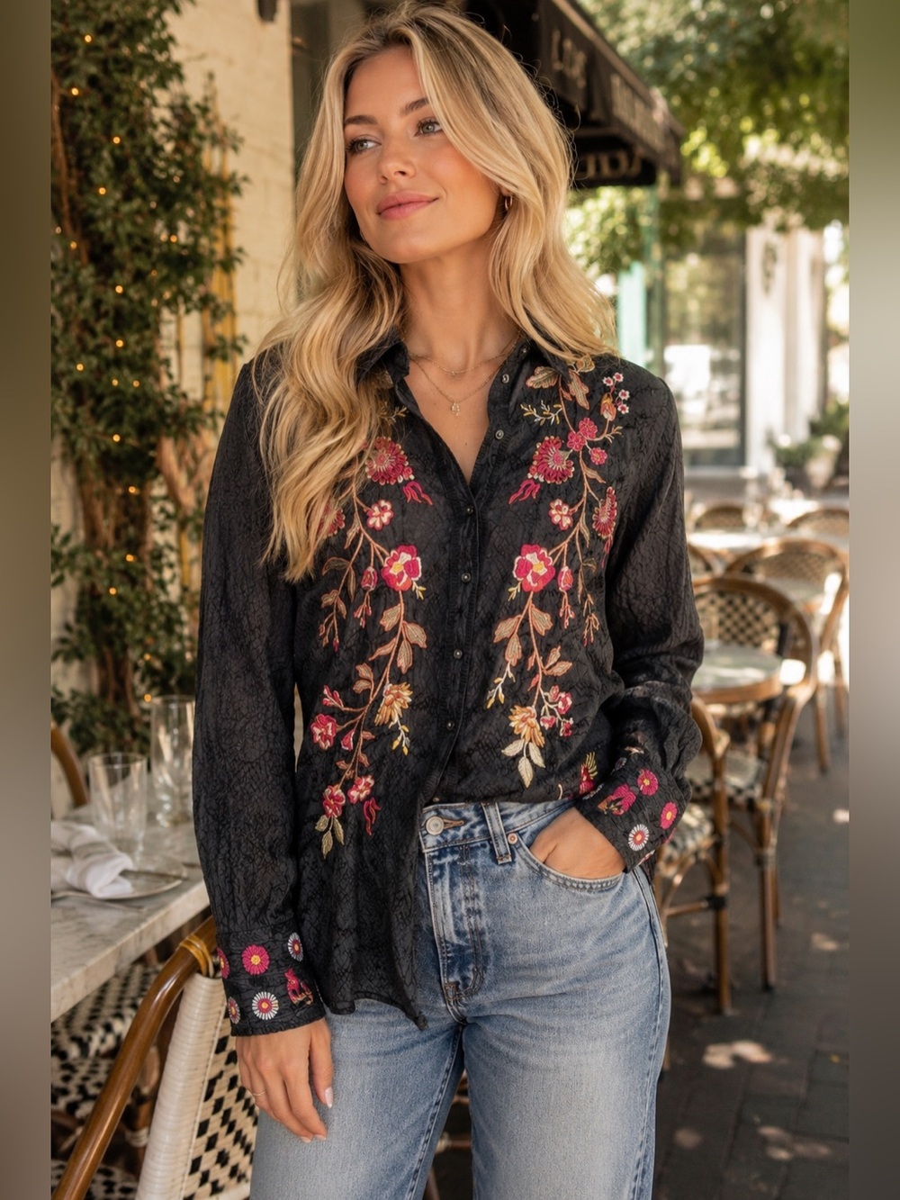 Johnny Was Workshop Black Button-Down Blouse Pink & Gold Floral Embroidery Large